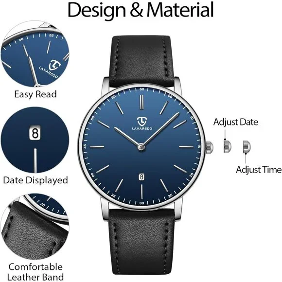 Men's Black -Blue Leather Strap Analog Minimal Simple Stylish Buckle Wrist Watch - Picture 6 of 6